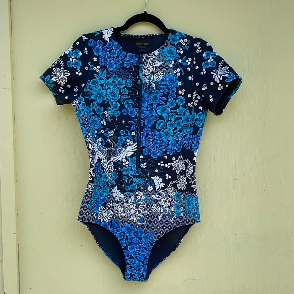 Johnny Was Blue Neoprene One Piece Bathing Swim Suit with Asian Design